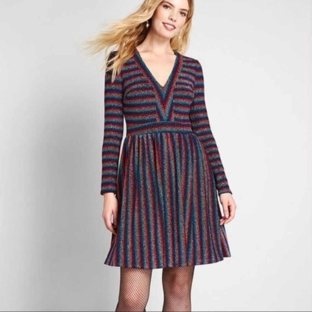 Modcloth Long Sleeve Rainbow Stripe Sparkle Dress Size S